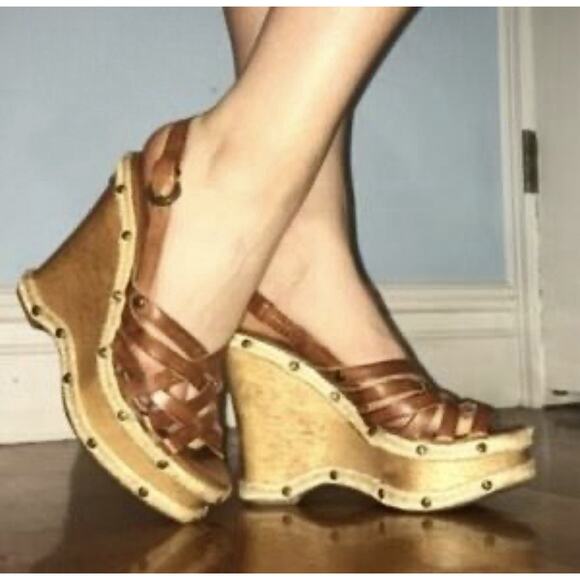 Michael Kors Y2K Brown Leather Studded Espadrille Wedge Sandals Size 6 - Picture 1 of 12